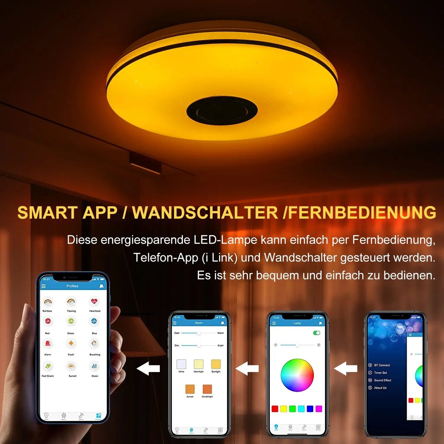 RGB LED Deckenlampe mit Bluetooth Lautsprache smart Steuerung per App & Fernbedingung 36w/ 220v/ für Wohnzimmer & Schlafzimmer