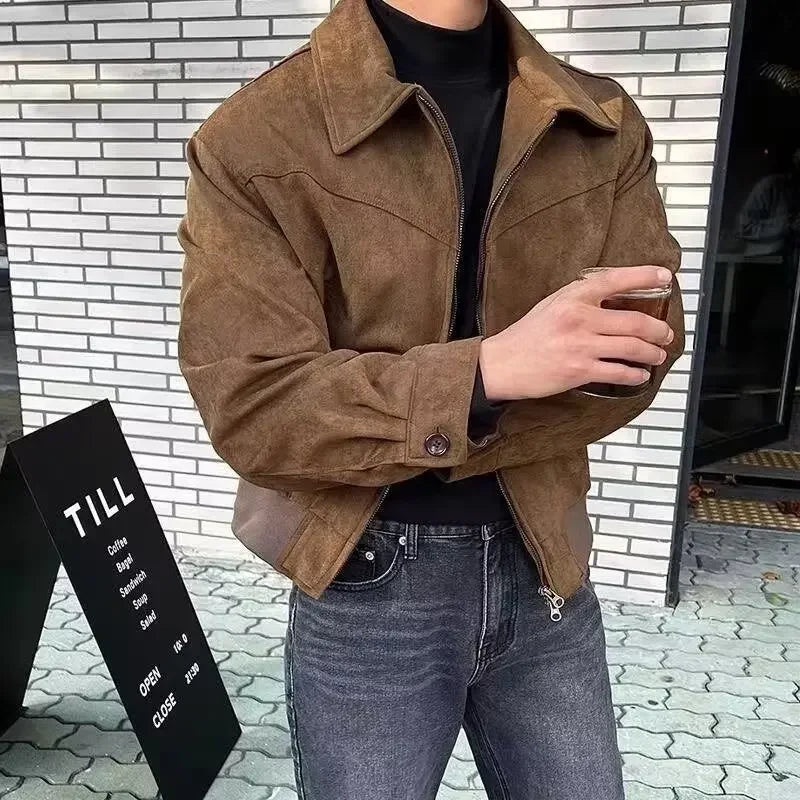 Vielseitige Vintage-Gämsenlederjacke im amerikanischen Stil für Männer in Braun, Kaffee, Maillard, passendes verkürztes Revers, Herbst-Winter-Saison