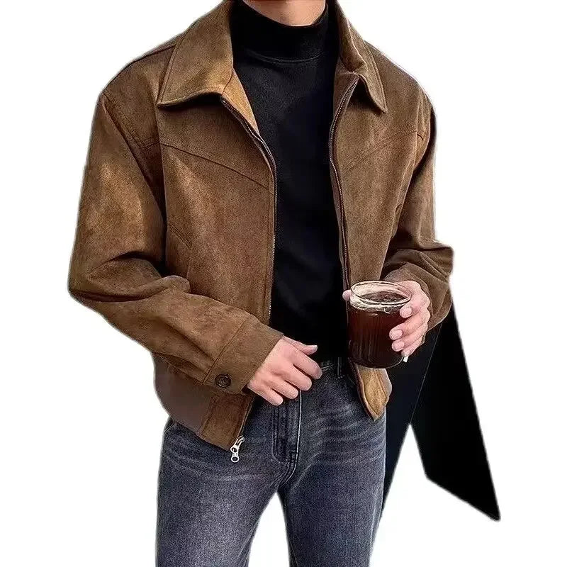 Vielseitige Vintage-Gämsenlederjacke im amerikanischen Stil für Männer in Braun, Kaffee, Maillard, passendes verkürztes Revers, Herbst-Winter-Saison