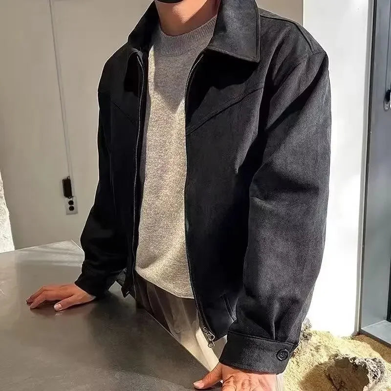 Vielseitige Vintage-Gämsenlederjacke im amerikanischen Stil für Männer in Braun, Kaffee, Maillard, passendes verkürztes Revers, Herbst-Winter-Saison