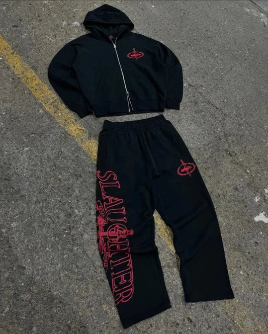 Y2KHip-Hop High Street Trendy Streetwear Sport-Set Retro Harajuku Reißverschluss Hoodie Gothic Punk Letter Print Lässige LooseSweatpants