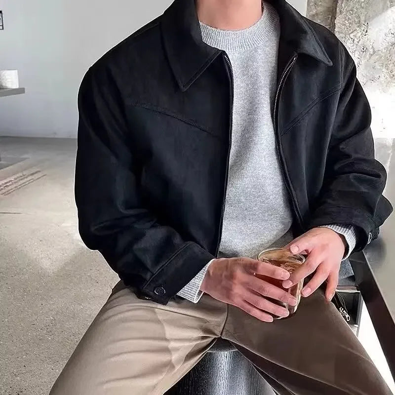 Vielseitige Vintage-Gämsenlederjacke im amerikanischen Stil für Männer in Braun, Kaffee, Maillard, passendes verkürztes Revers, Herbst-Winter-Saison