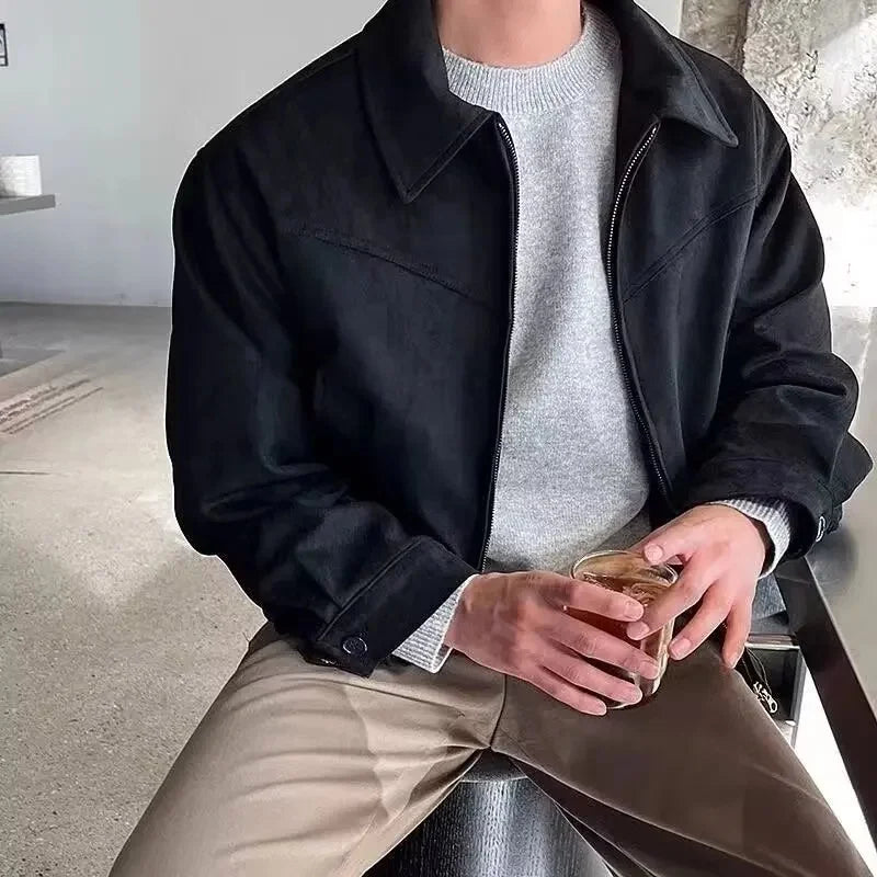 Vielseitige Vintage-Gämsenlederjacke im amerikanischen Stil für Männer in Braun, Kaffee, Maillard, passendes verkürztes Revers, Herbst-Winter-Saison