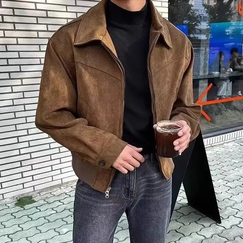 Vielseitige Vintage-Gämsenlederjacke im amerikanischen Stil für Männer in Braun, Kaffee, Maillard, passendes verkürztes Revers, Herbst-Winter-Saison