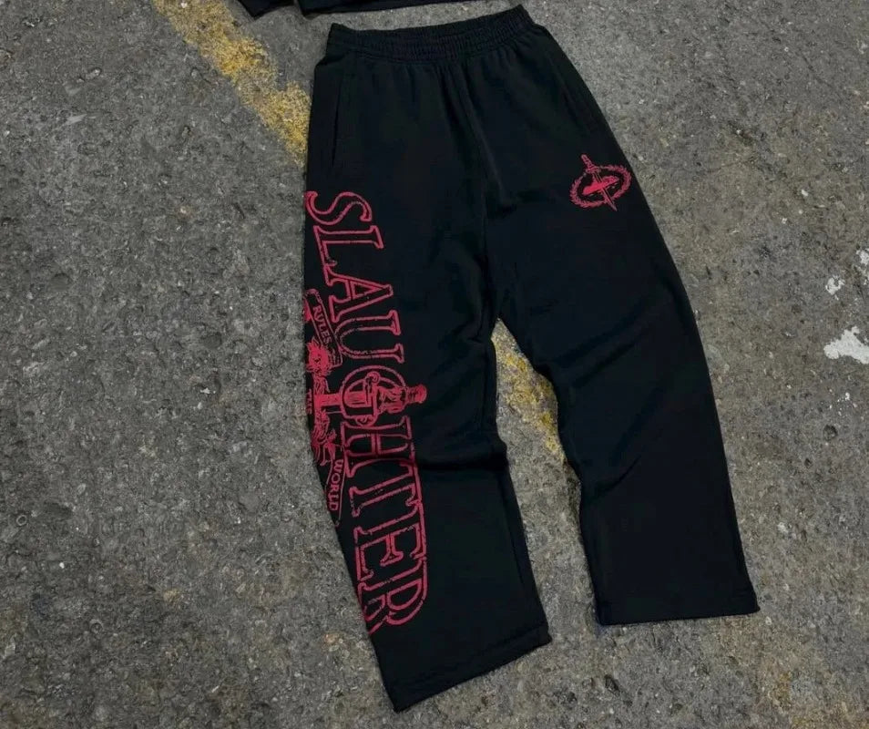 Y2KHip-Hop High Street Trendy Streetwear Sport-Set Retro Harajuku Reißverschluss Hoodie Gothic Punk Letter Print Lässige LooseSweatpants